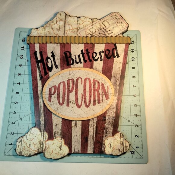 Rustic Popcorn Wall Decor Sign Hot Buttered Movie Theater Vintage Look - Picture 2 of 6